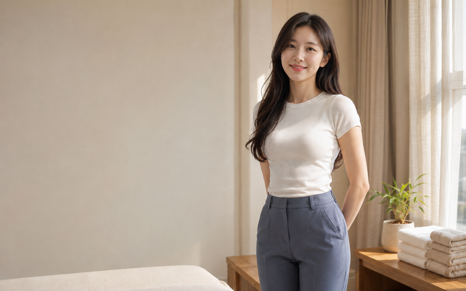 인천 월미도 방문 홈케어를 안내하는 젊은 성인 한국 여성 관리사